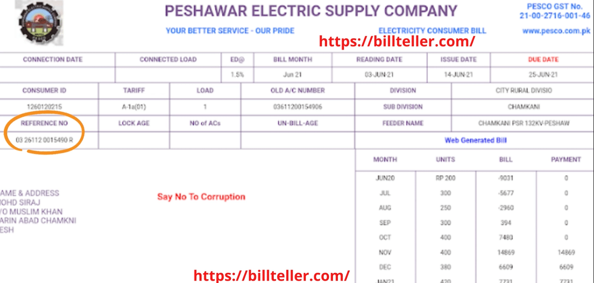 PESCO ONLINE BILL-Reference Number
